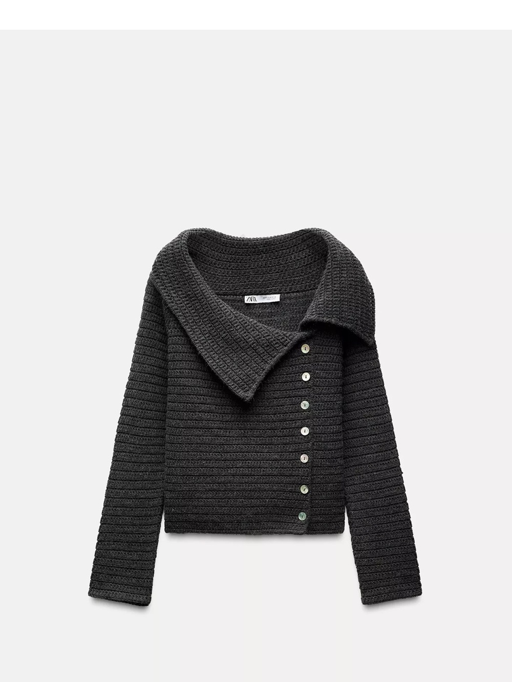 Zara Dark Charcoal Ribbed Button-Front Shawl Collar Sweater